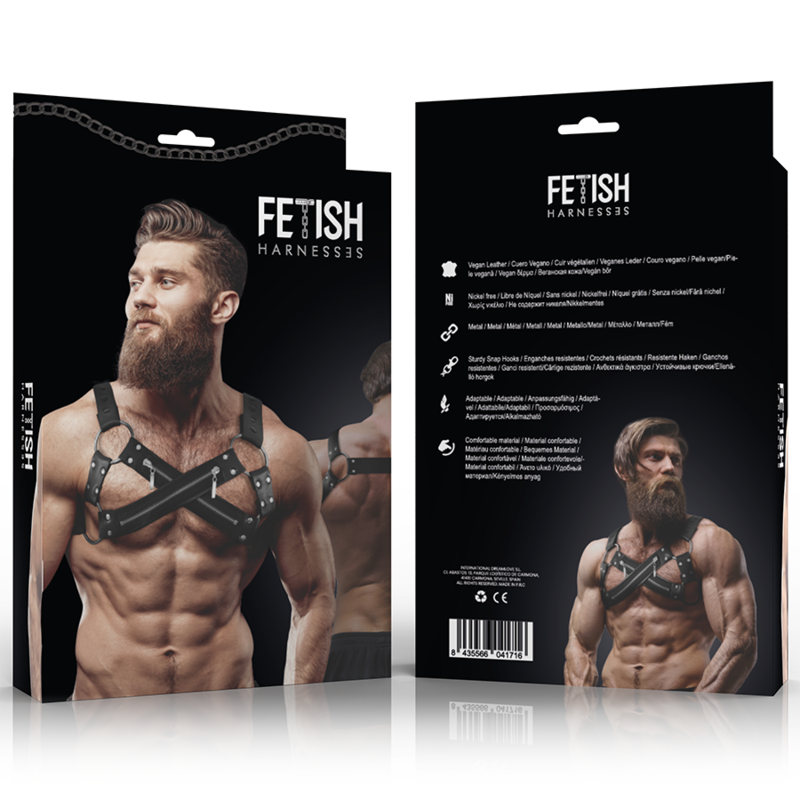 FETISH SUBMISSIVE ATTITUDE - ARNÊS DE BULLDOG DE PEITO CRUZADO DE NEOPRENE AJUSTVEL COM ZÍPERES PARA HOMENS