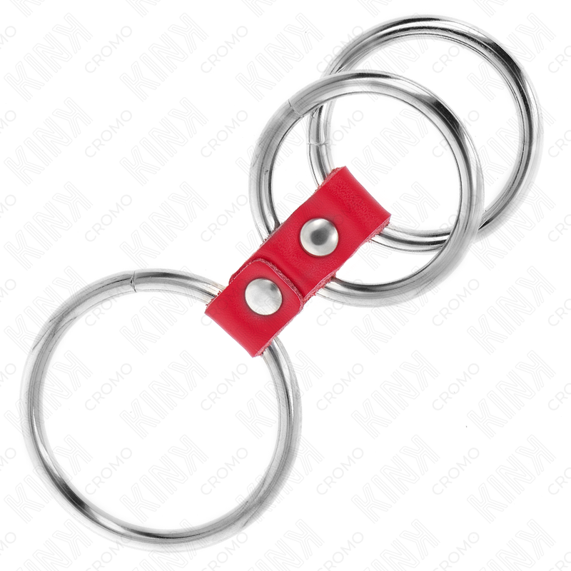 KINK - ANEL DE PÊNIS TRIPLO DE METAL DE 3,7 CM A 5 CM CONECTADO COM COURO VERMELHO