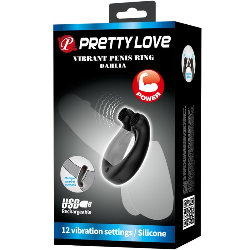PRETTY LOVE - ANEL VIBRATÓRIO DÁLIA + ESTIMULADOR DE CLITÓRIS 12 VIBRAÇÕES PRETO