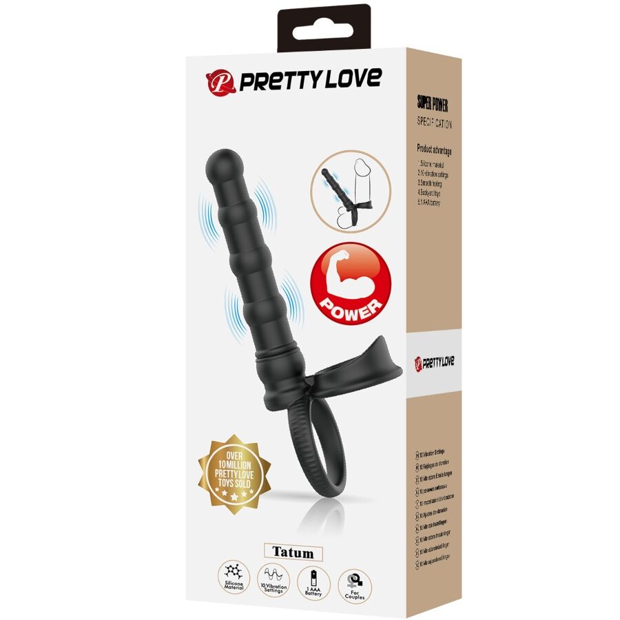 PRETTY LOVE - ANEL VIBRATÓRIO PARA PÊNIS TATUM COM PLUG 10 VIBRAÇÕES PRETO