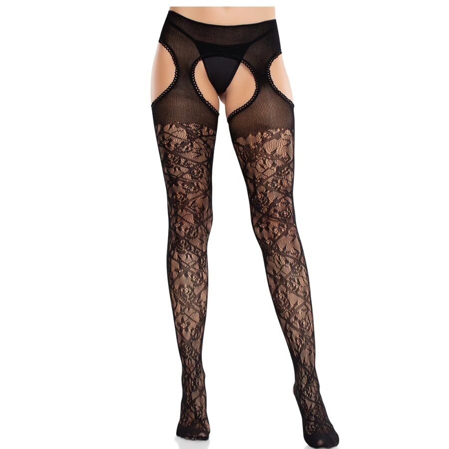 LEG AVENUE - MEIAS DE RENDA FLORAL COM LIGAS UNITED BLACK