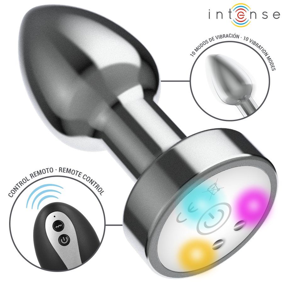 INTENSE - PLUG ANAL DE METAL VIBRANTE COM LUZES LED E CONTROLE REMOTO - TAMANHO S