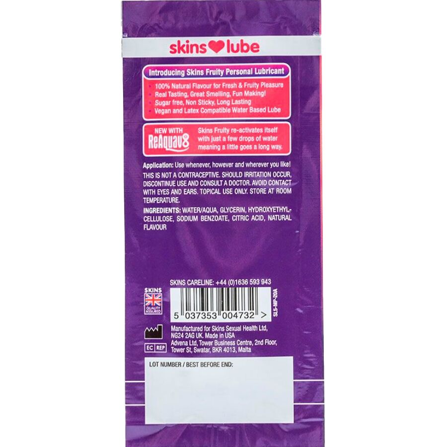 SKINS - LUBRIFICANTE À BASE DE ÁGUA COM SABOR FRUTADO DE MANGA E MARACUJÁ - DOSE ÚNICA DE 5 ML